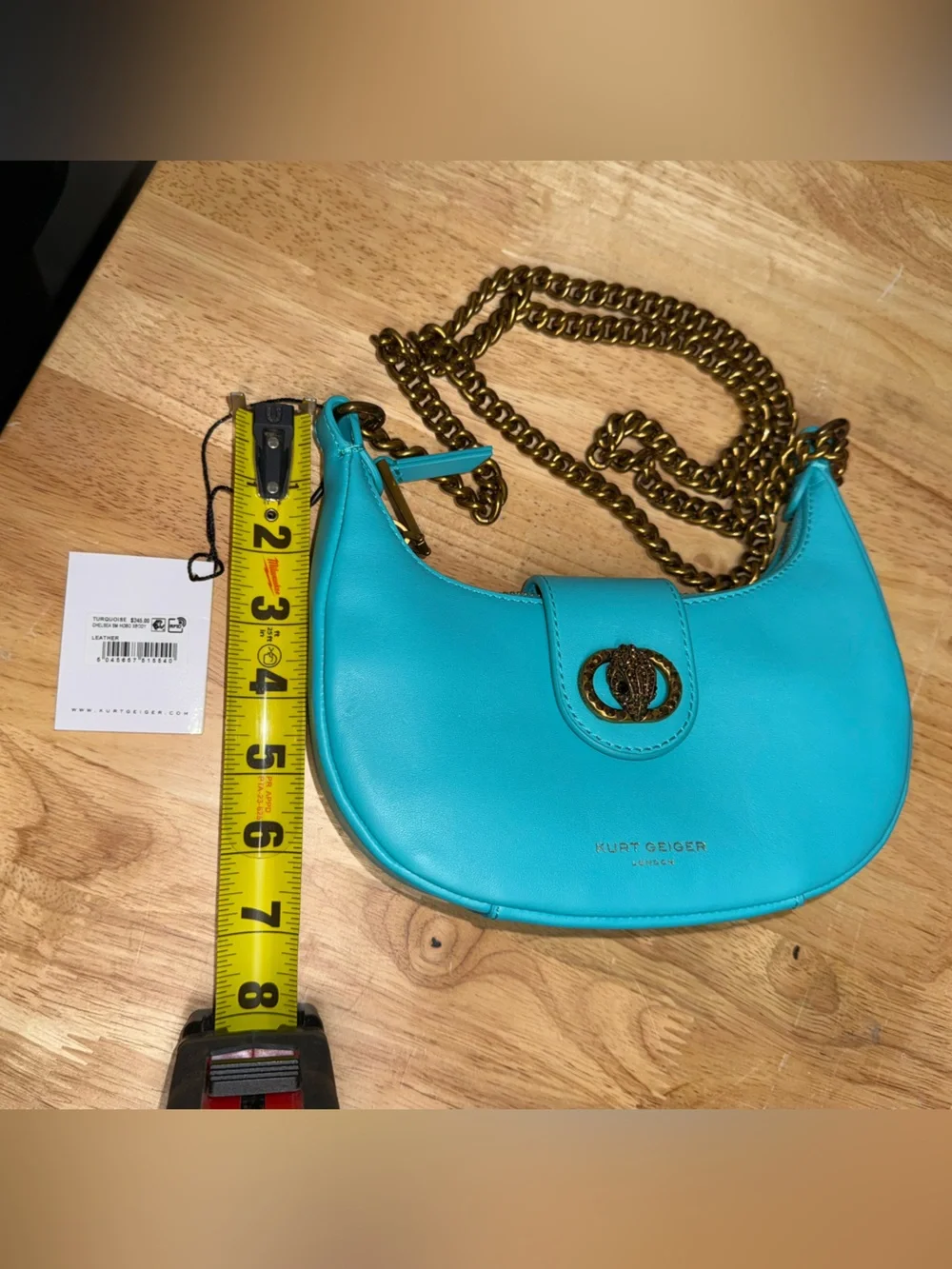 Kurt Geiger Small Chelsea Hobo Bag - Turquoise with Gold Chain